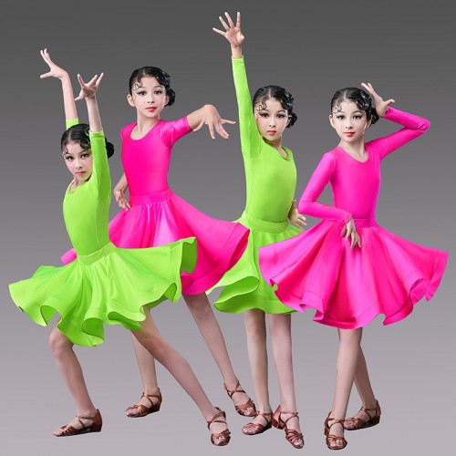 Girls neon green hot pink Latin dance dresses children stage performance ballroom dance dress latin dance wear for kids 